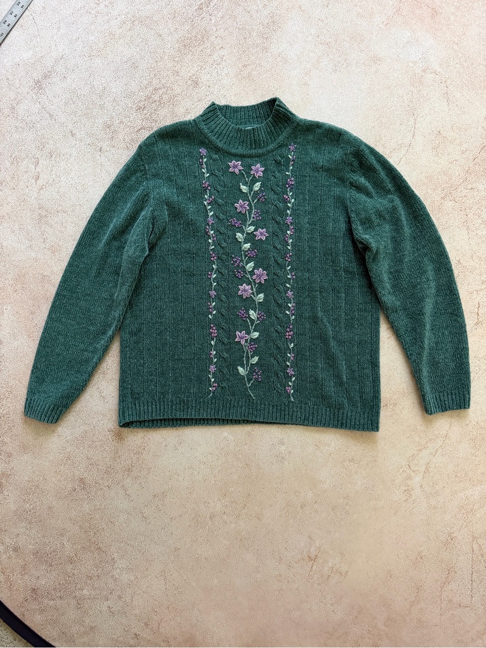 Alfred Dunner Dark Green Floral Turtleneck Sweater